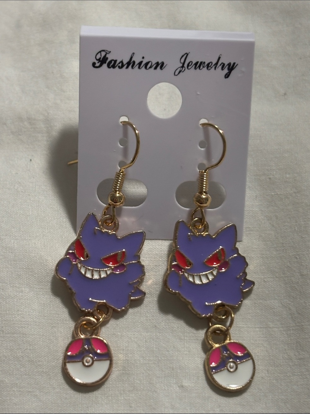 Fashion Jewelry Purple Gengar Dangle Earrings with Red and White Pokeball Accent